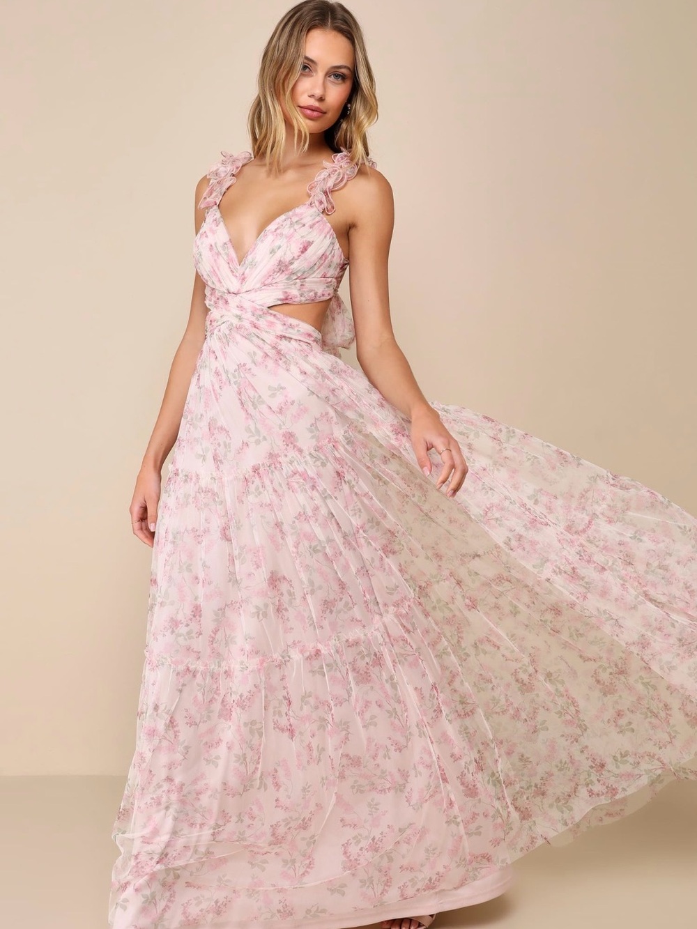 Lulu's Blush Pink Floral Maxi Dress with Ruffle Straps